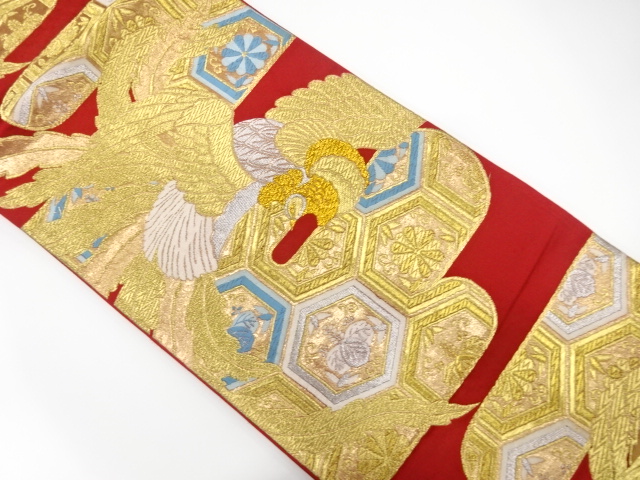 アンティーク　鳳凰にヱ霞・亀甲模様織り出し袋帯（着用可）